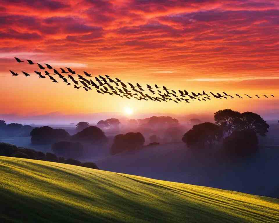 A group of birds flying through the sky during sunrise.