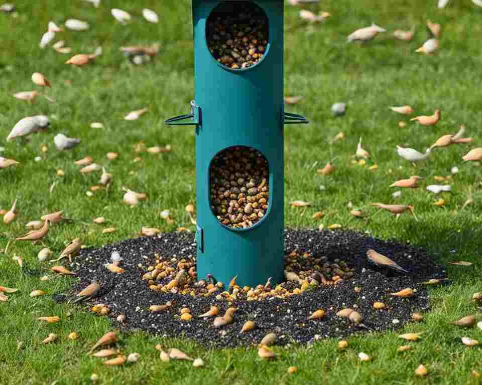 A tube style bird feeder on the ground.