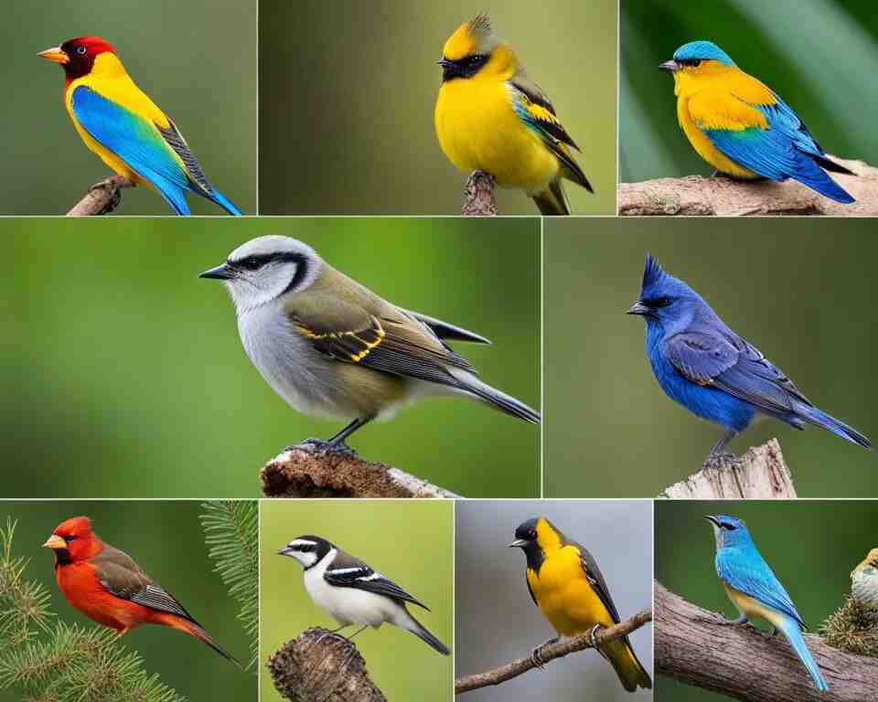 A collage of different bird species.