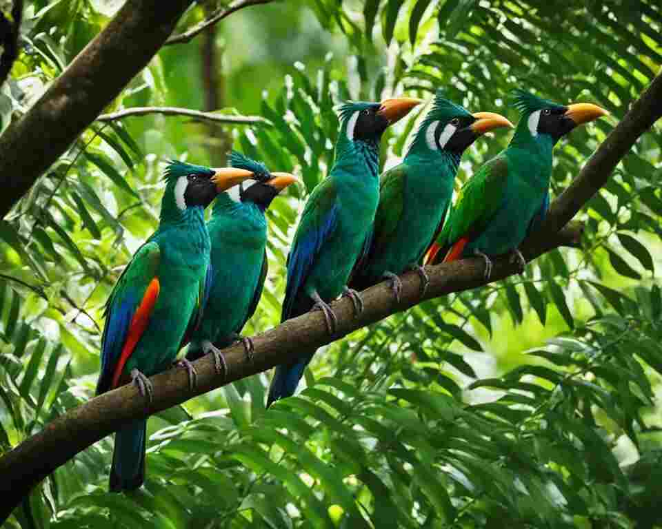 A group of male birds with vibrant feathers perched on branches in a lush forest setting.