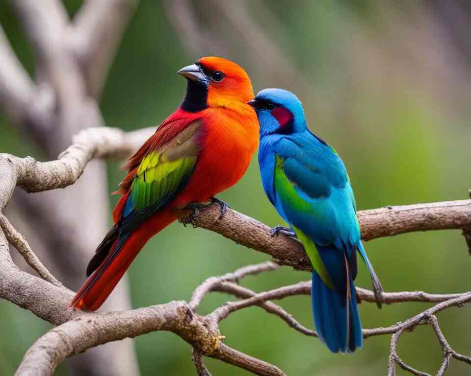 A vibrant male bird perched on a branch, flaunting its colorful feathers while the female bird stands nearby with more subdued hues. 