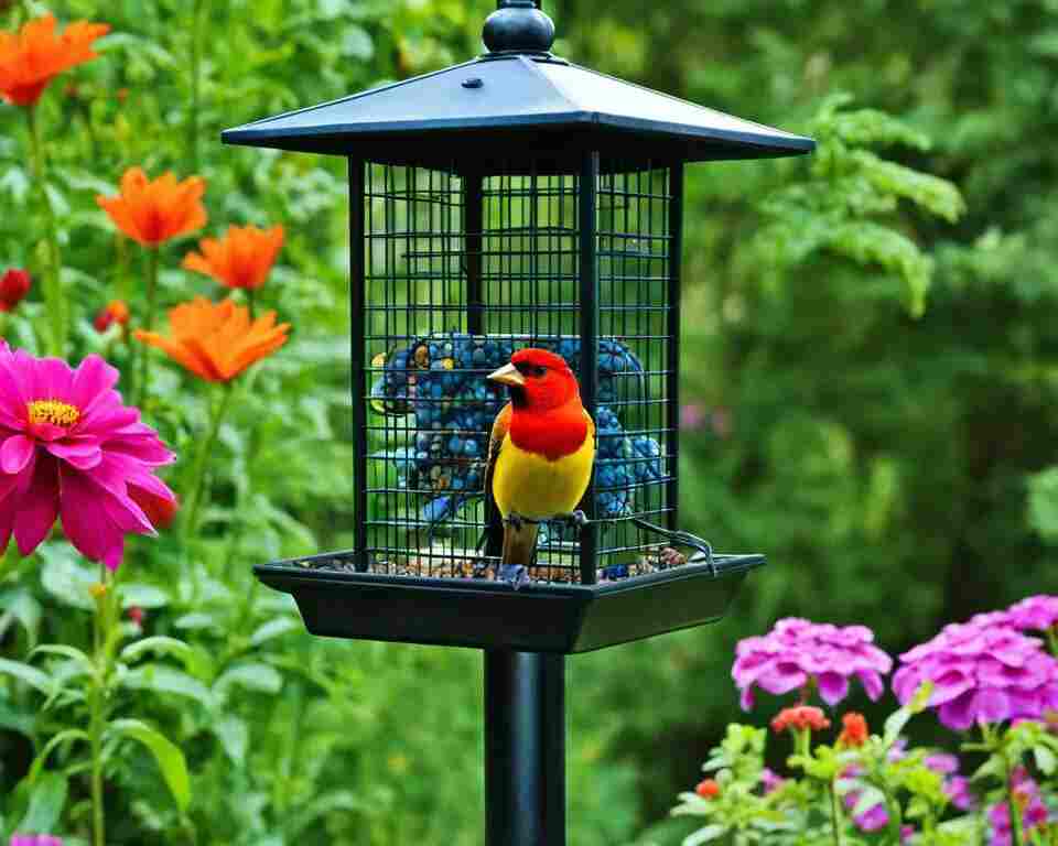 A colorful bird feeding at a bird feeder.