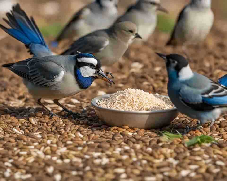 A small group of birds feeding on rice.