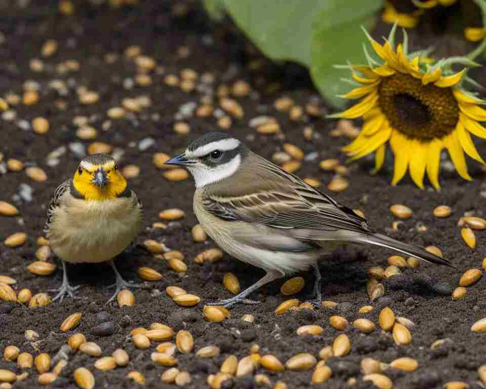 Two birds eating sunflower seeds off the ground.
