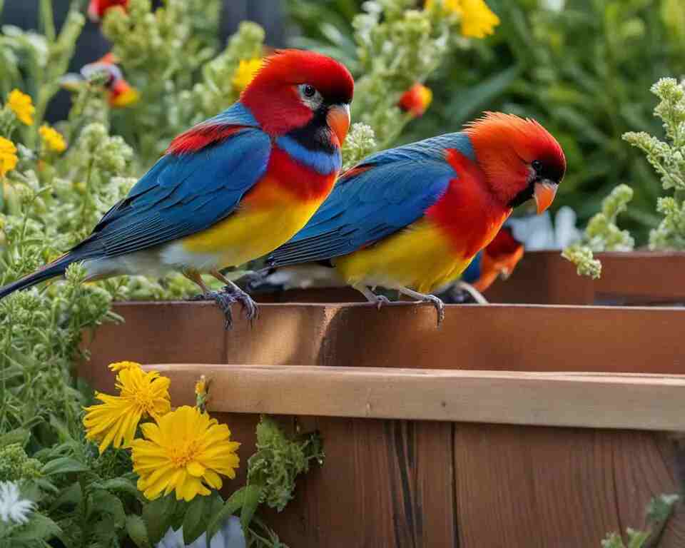 Two birds eating plants in a garden.