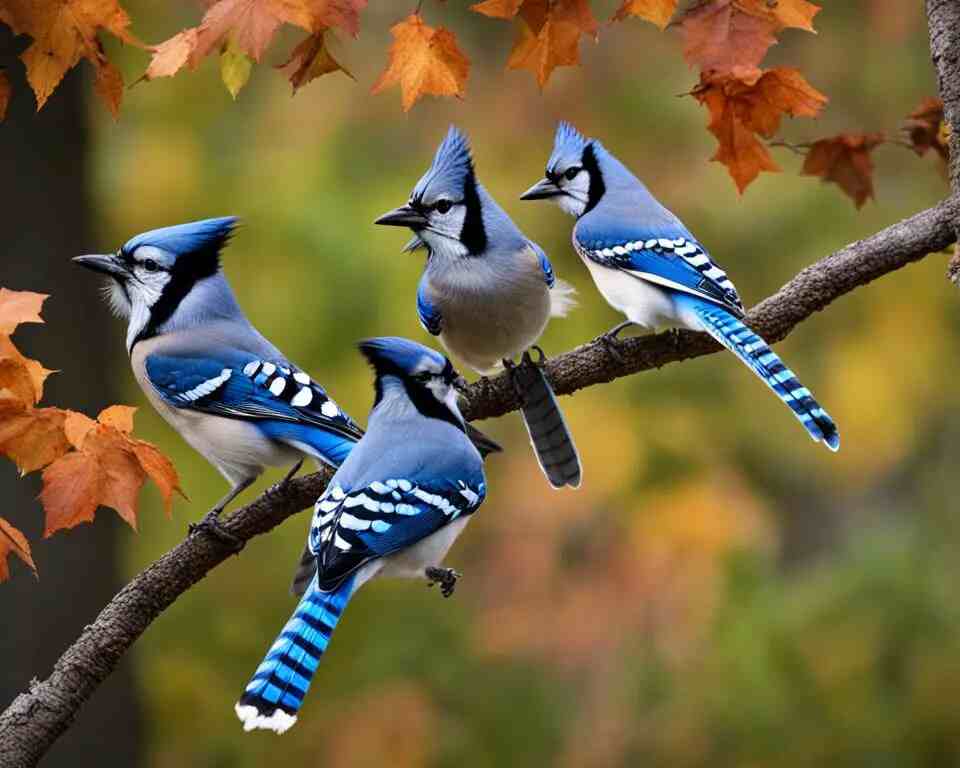 A family of  Blue Jays perched on a tree.