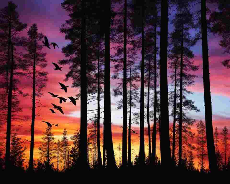 The serene beauty of a forest as the sun rises, and birds start their dawn chorus.