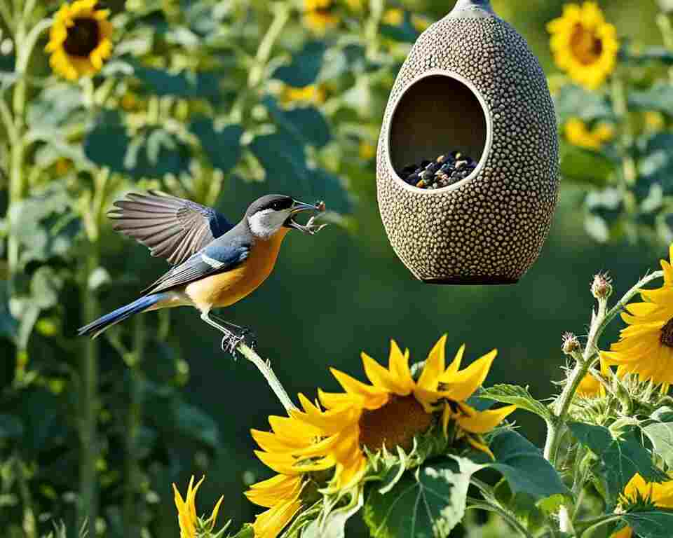 A small bird feeding at a a bird feeder.