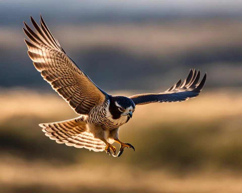 A Peregrine Falcon speeding through the sky.