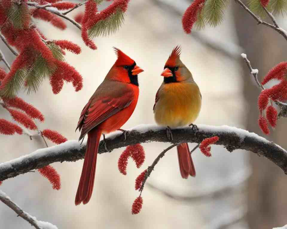 A male and female cardinals perched in a tree.