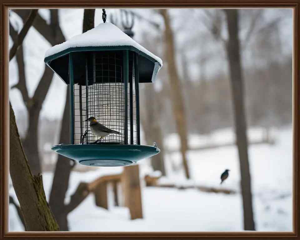 A bird perched on a bird feeder during winter.