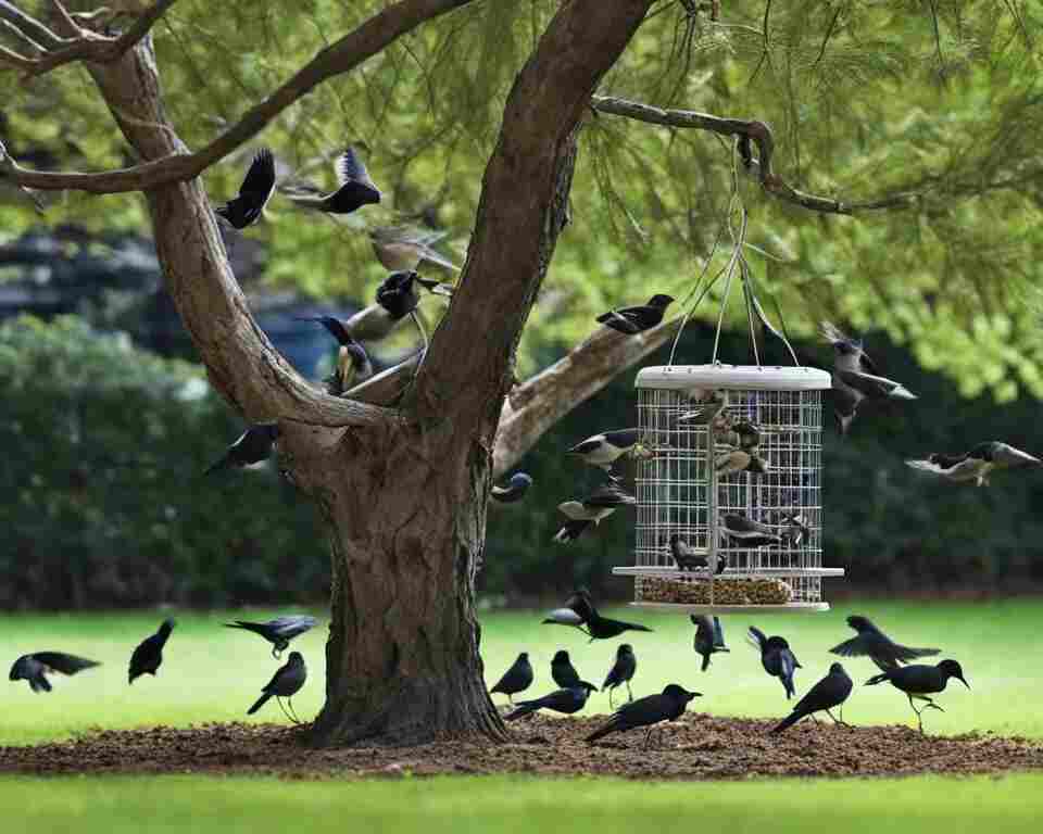 A group of birds gathered around a bird feeder.