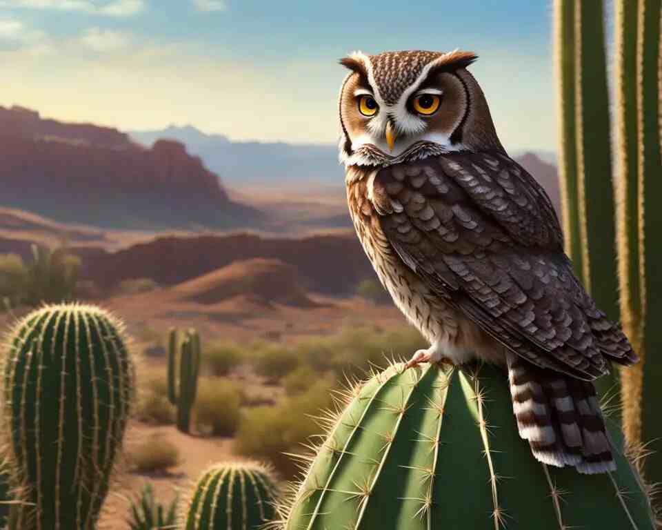 A small owl perched on a cactus tree in the desert.