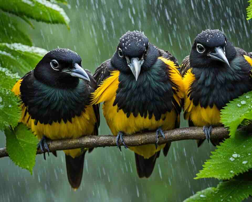 A flock of birds huddled together on a branch, seeking shelter from the pouring rain amidst the lush greenery of a tree. 