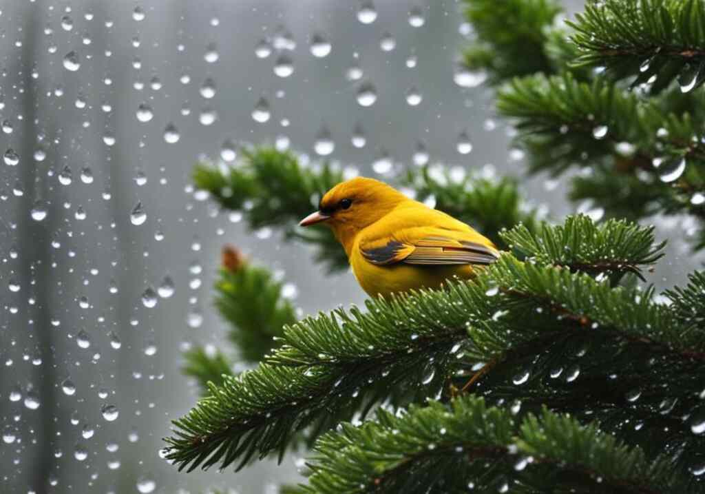 An orange bird perched on a pine tree.