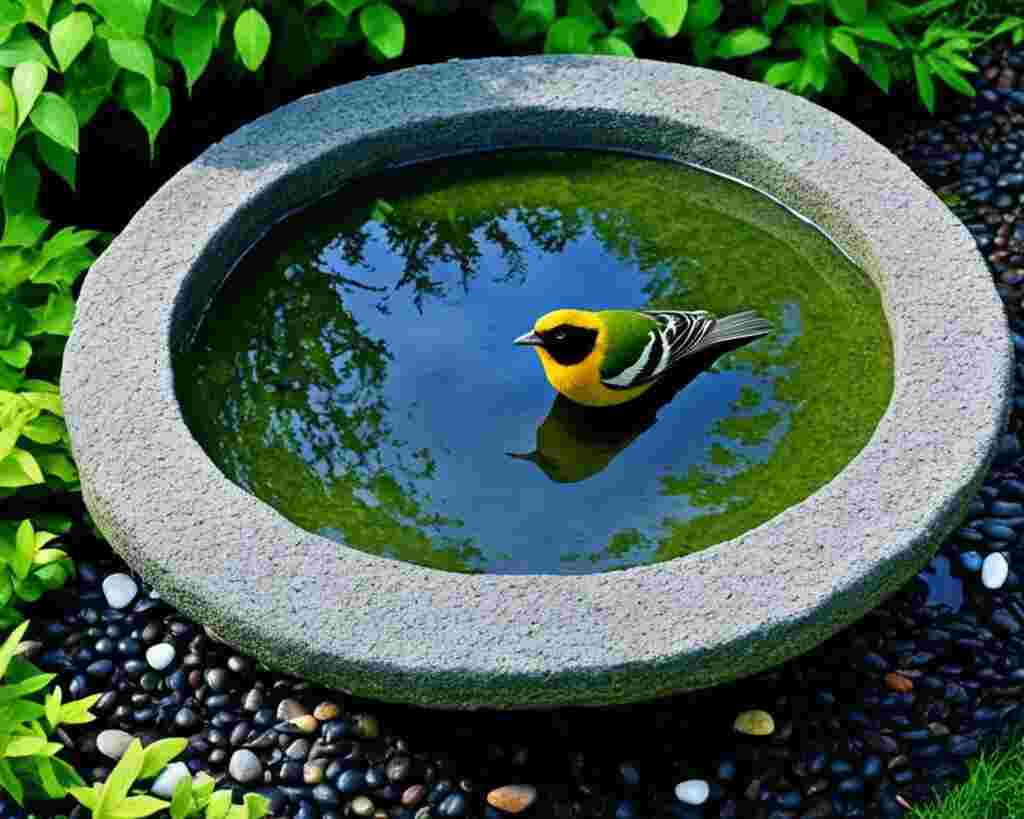 A small yellow bird cooling itself off in a shallow bird bath.