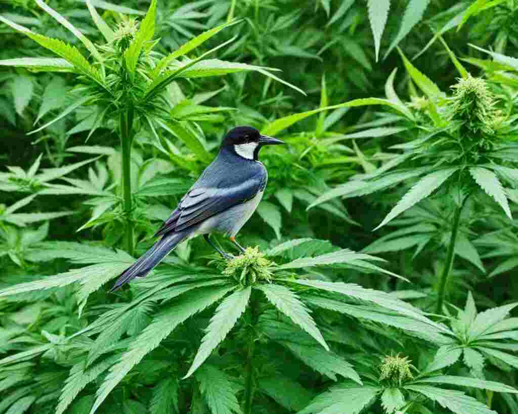A bird perched on a budding marijuana plant.