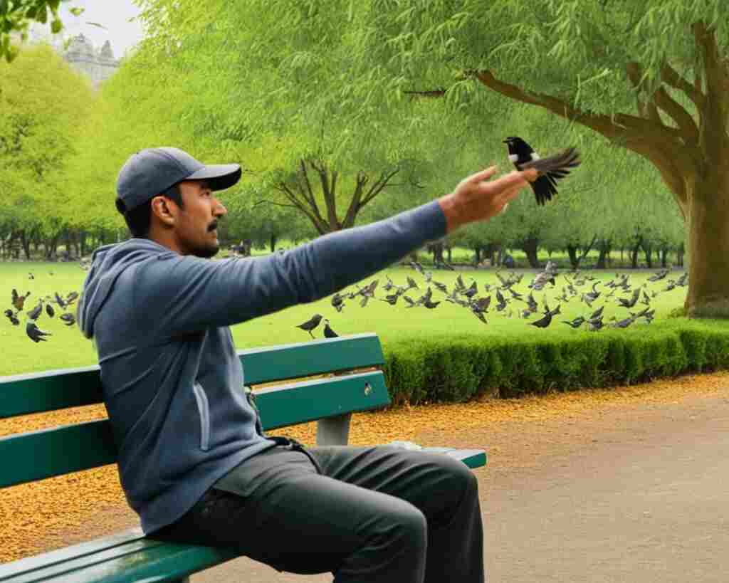 A person sitting on a bench in a park with a wild bird perched on his hand.