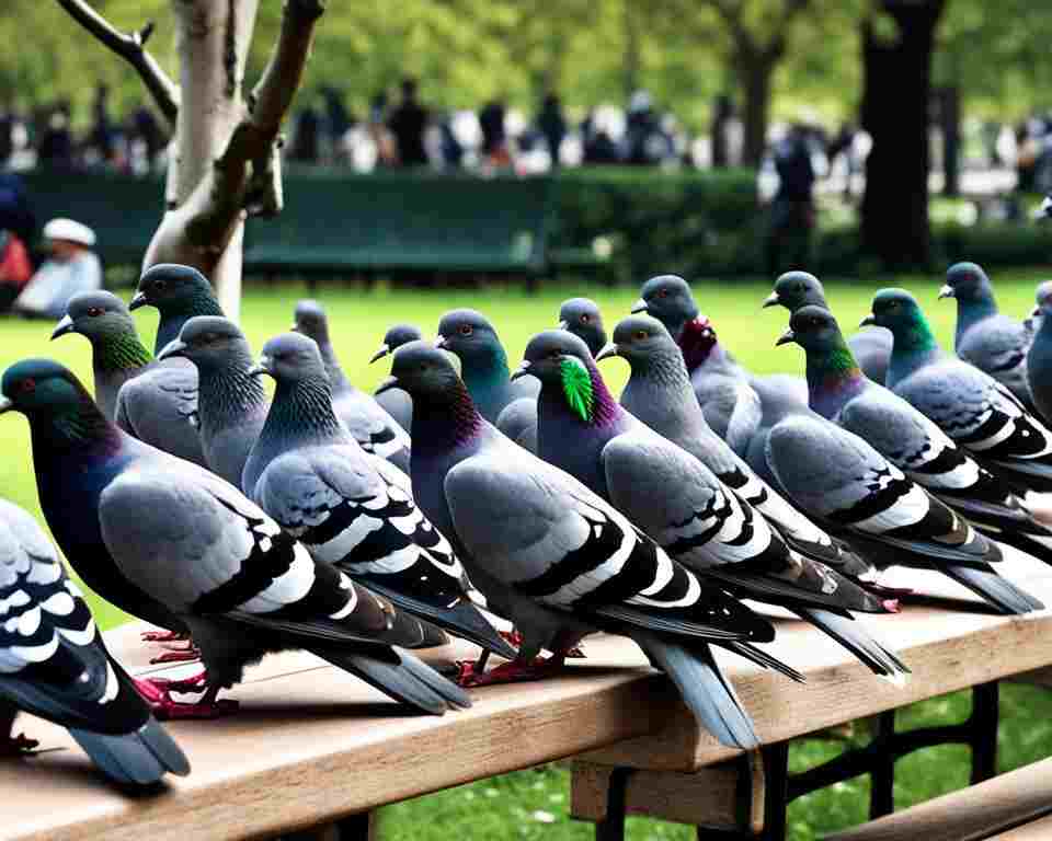 A group of pigeons gathered together in a park, perched on branches and benches. 
