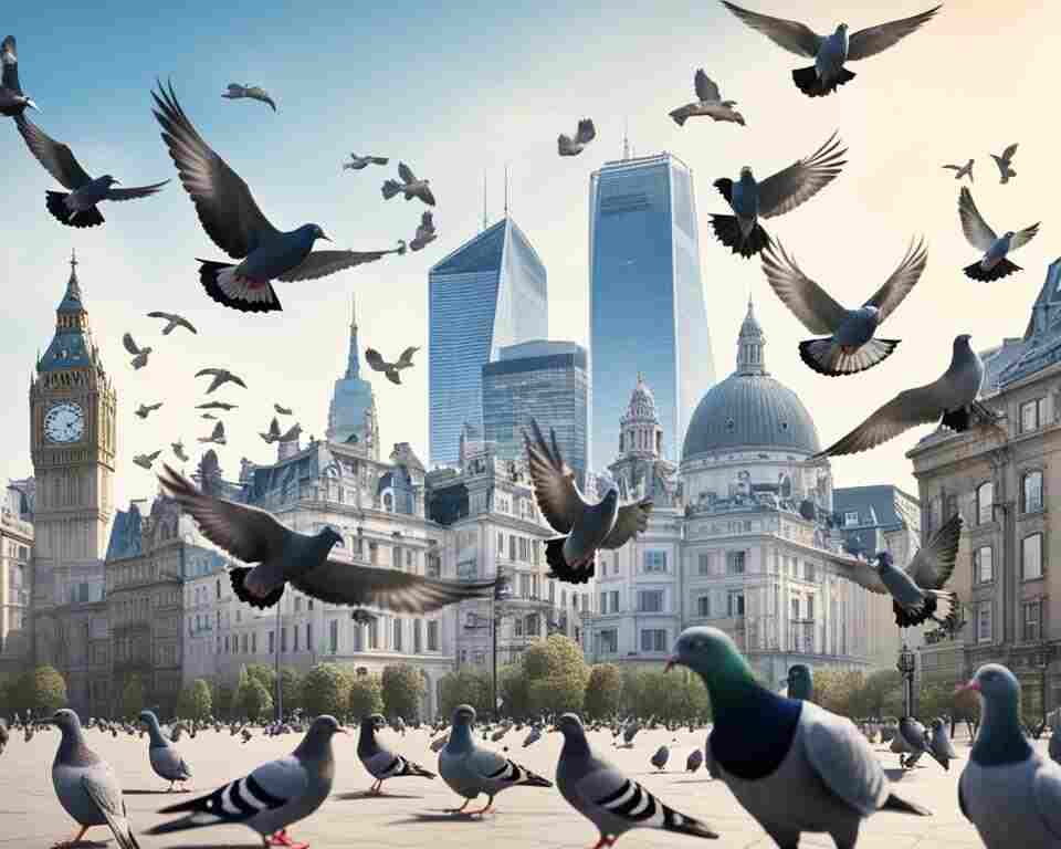 A flock of pigeons flying over a cityscape.