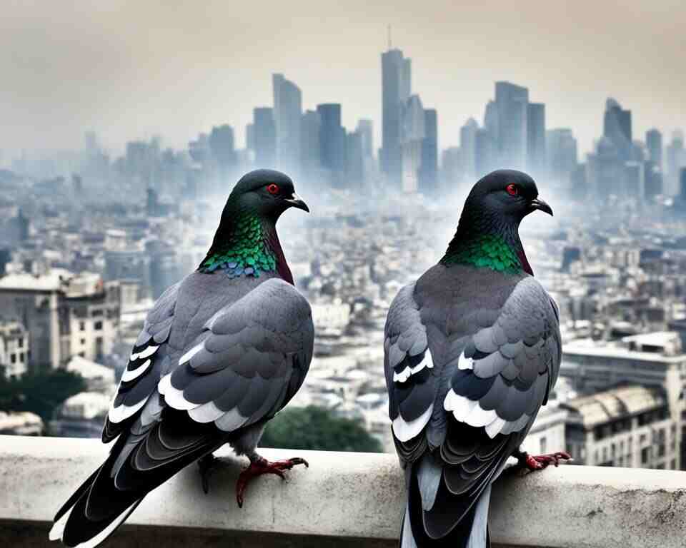 Two pigeons perched on a railing, looking over a city skyline.