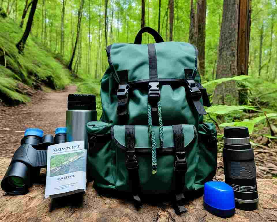 A backpack with binoculars, a field guide, and a water bottle on the ground next to a hiking trail surrounded by trees and bushes.