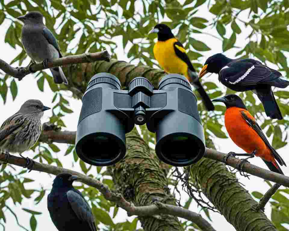 A binocular hanging from a tree branch surrounded by various types of birds perching and flying around it.