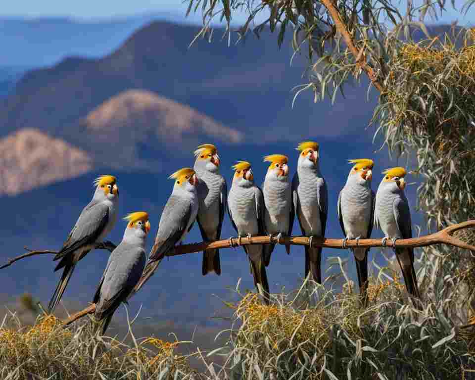 A group of cockatiels perched on branches of a eucalyptus tree, surrounded by dry grass and shrubs, with a sprawling landscape of rocky outcrops and distant mountains in the background. 
