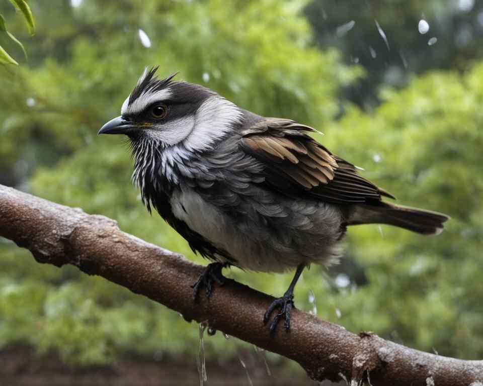 A bird perched on a tree branch, looking weakened and sickly, with its feathers ruffled and dull.