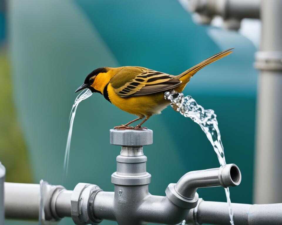 A bird drinking from a running tap.