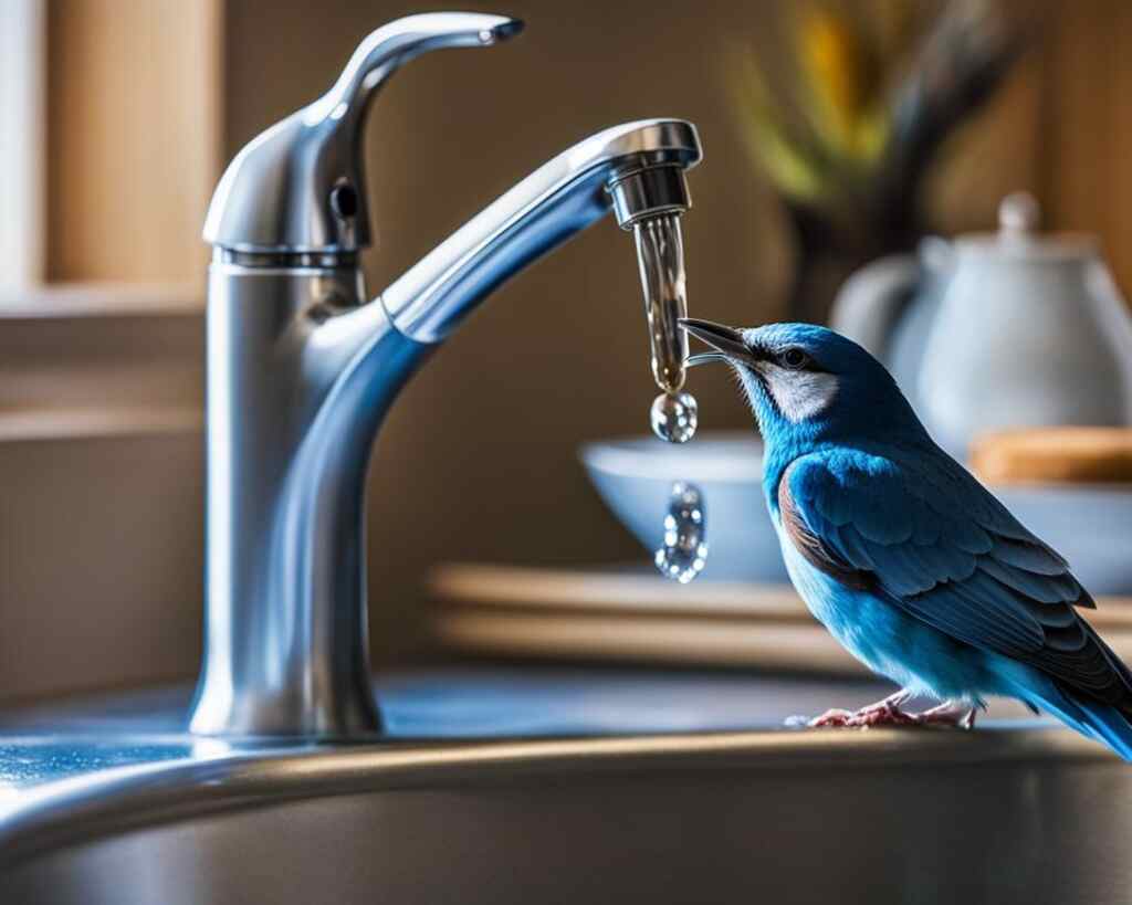 A blue bird drinking from a running tap.
