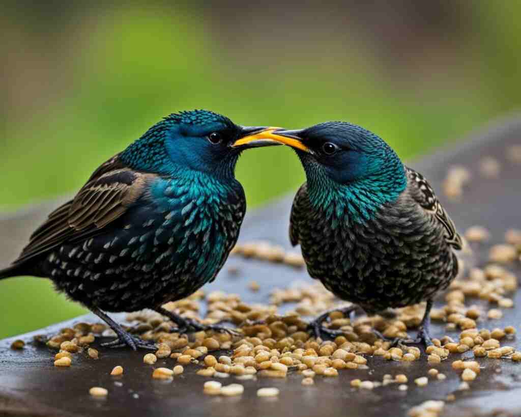 A couple of starlings trying to eat old, moldy and spoiled bird seed.