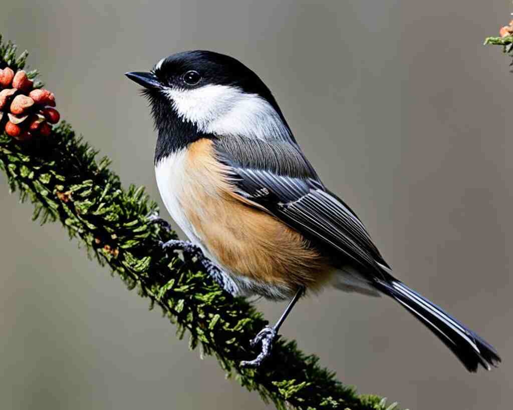 A black-capped chickadee bird perched on a tree branch.