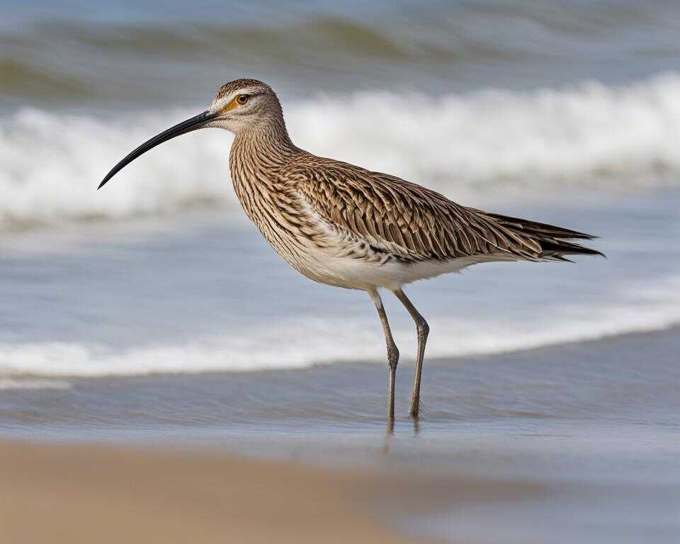 A curlew with a long and curved beak, standing on the edge of a sandy shoreline.