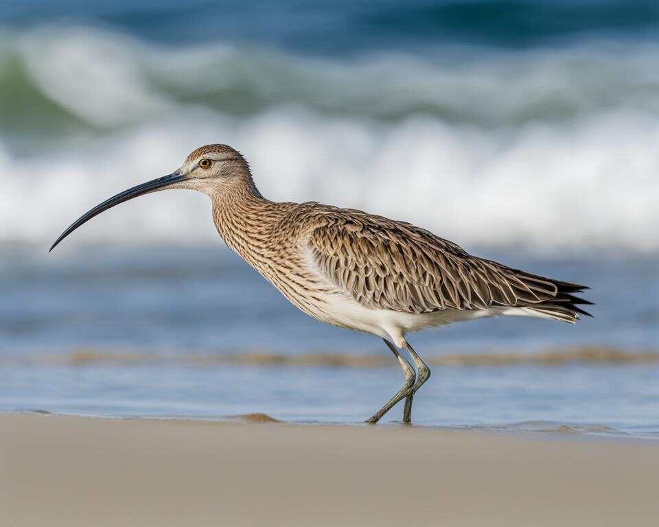 A curlew with a curved beak in action.