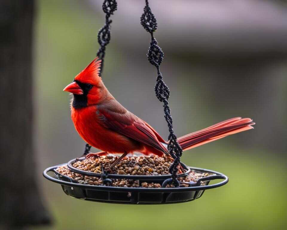 A male Northern cardinal eating from a hanging platform feeder. 