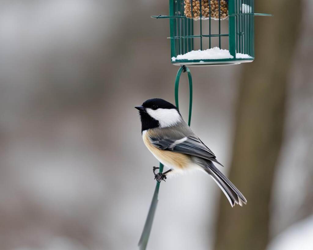 A black-capped chickadee eating from a rat-proof bird feeder hanging in a backyard.
