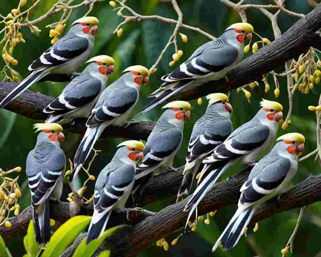 A flock of cockatiels perched on tree branches in a natural outdoor setting.