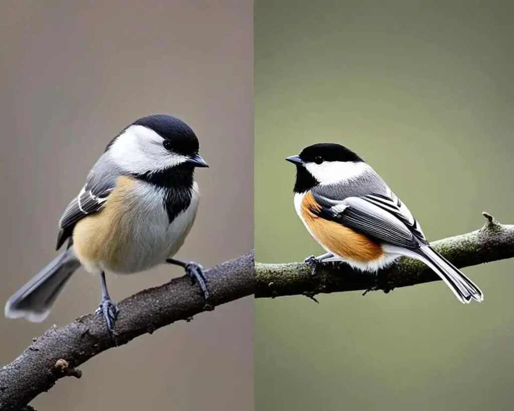 Two Chickadees perched side by side on a tree branch.