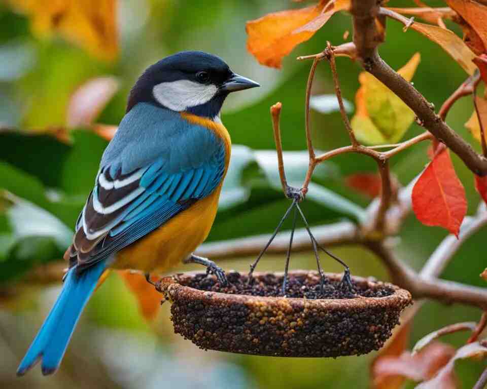 A backyard bird perched on a tray feeder.