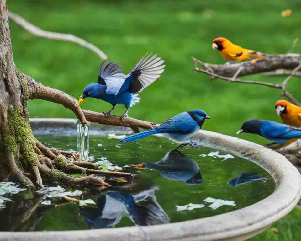 A group of small birds using a bird bath.