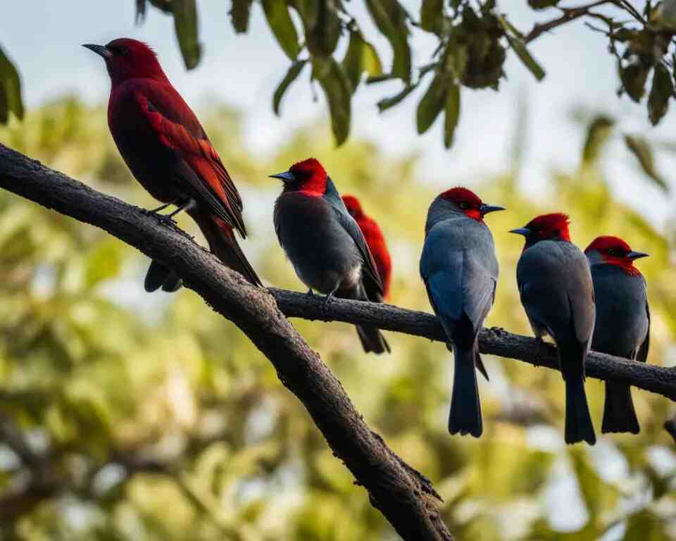 A flock of wild birds perched on a tree branch, observing a group of people walking by.
