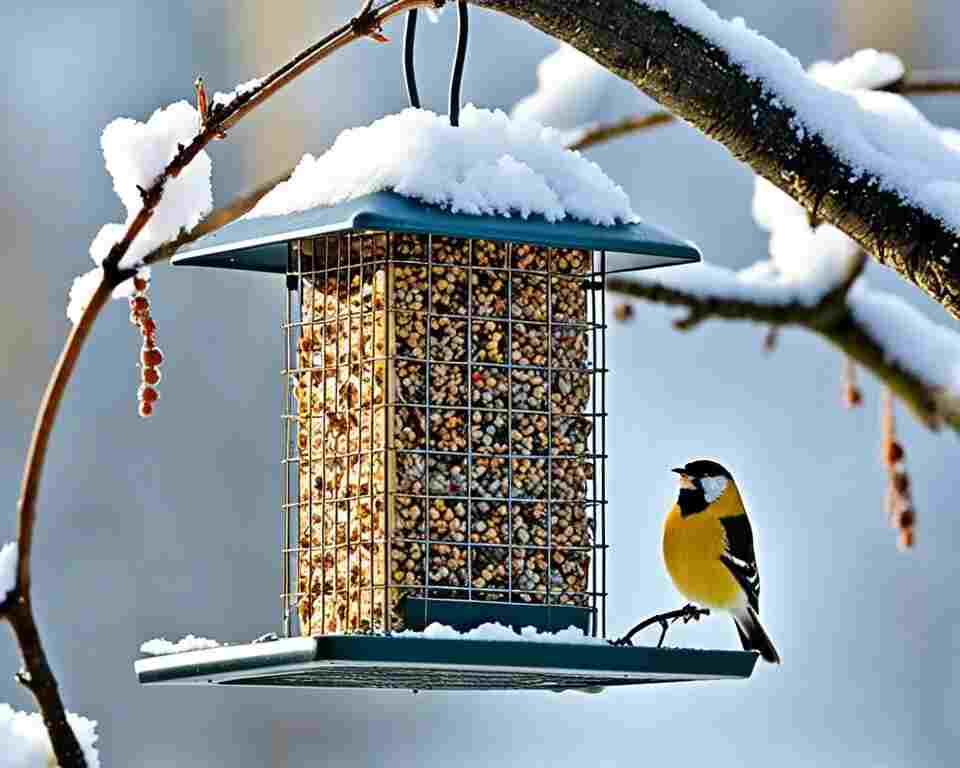 A small bird feeding at a bird feeder during winter.