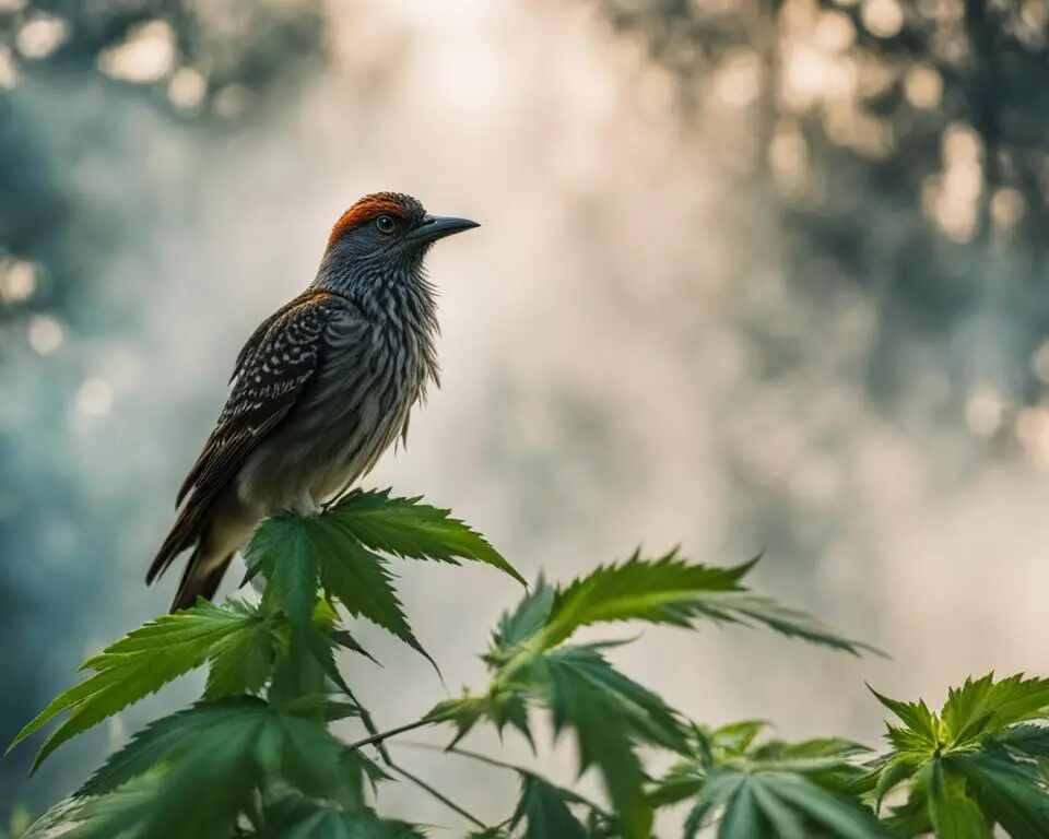 A bird perched on a marijuana plant.