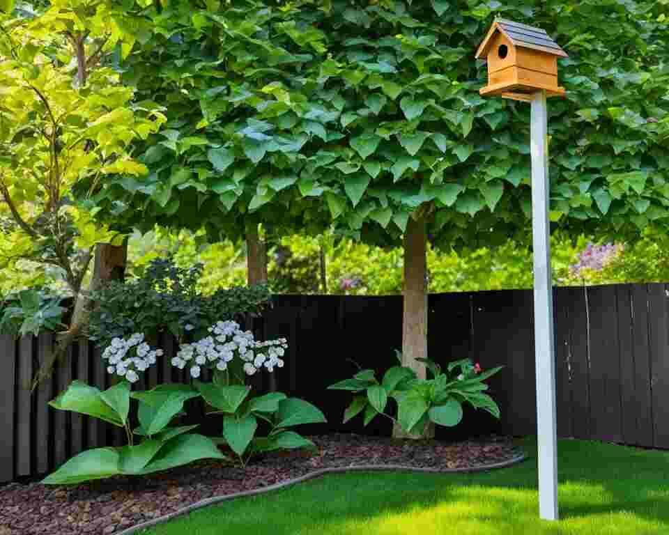 A bluebird feeder mounted on a pole in a backyard setting.