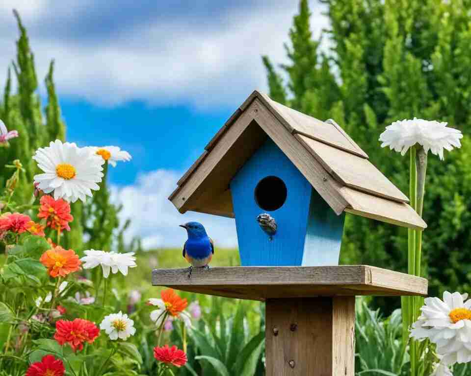 A bluebird sitting on a wooden birdhouse with a round entrance hole, surrounded by a garden with flowers