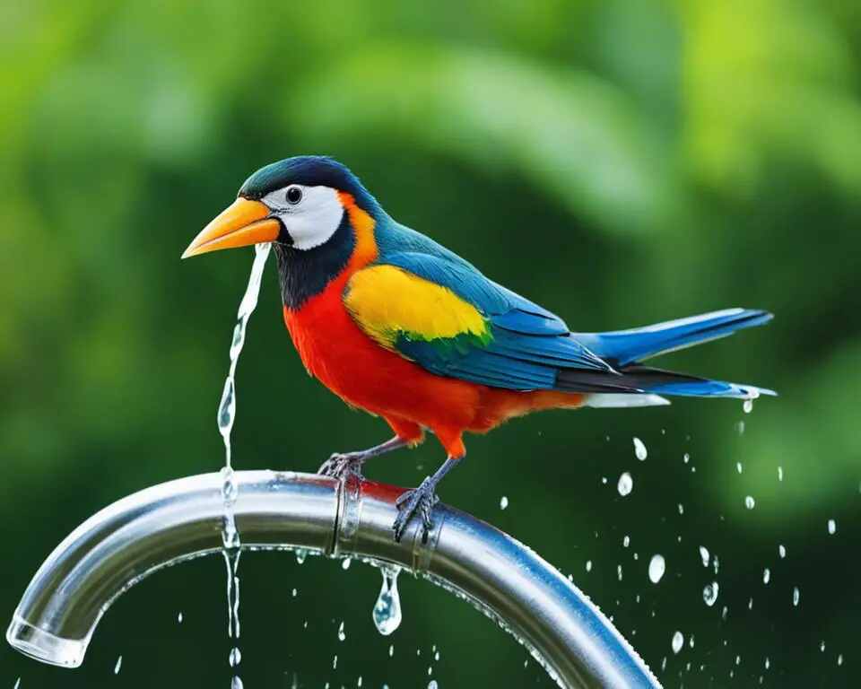 A colorful bird perched near a dripping tap.
