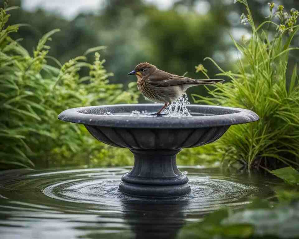 A small bird using a bird bath.