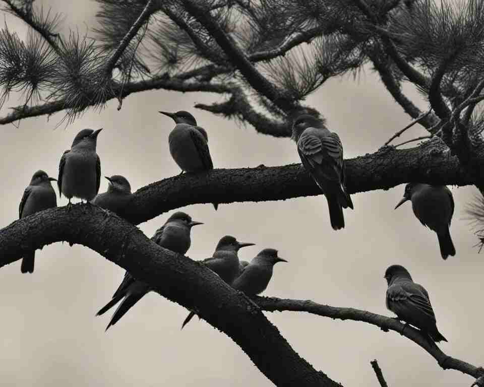 A group of birds perched in a tree.