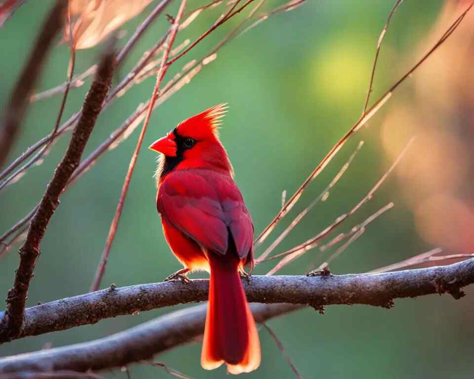 A red cardinal perched on a tree branch.